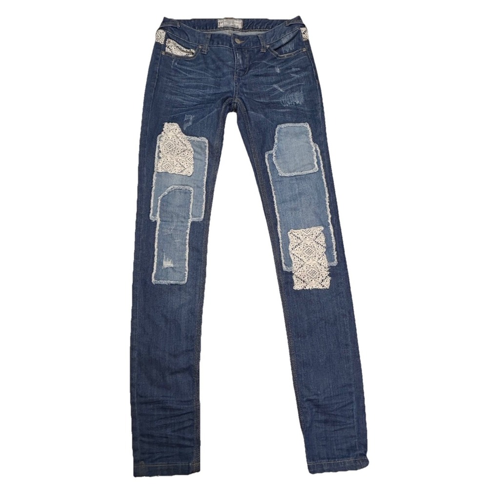 Free People Lace Patchwork Skinny Jeans‎ Women's 24x32 Distressed Boho Denim